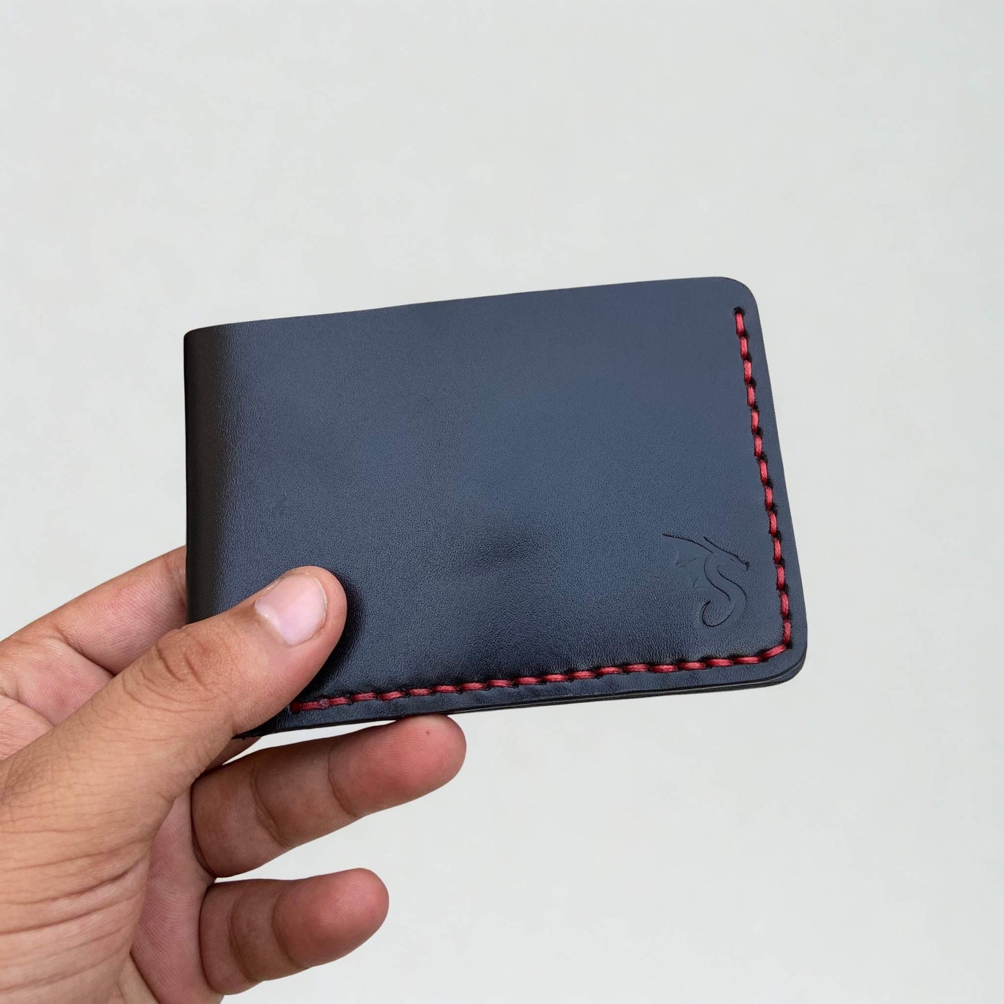 Urban Draak™ Black Bifold Wallet – Slim Handmade Leather with Red Stitching