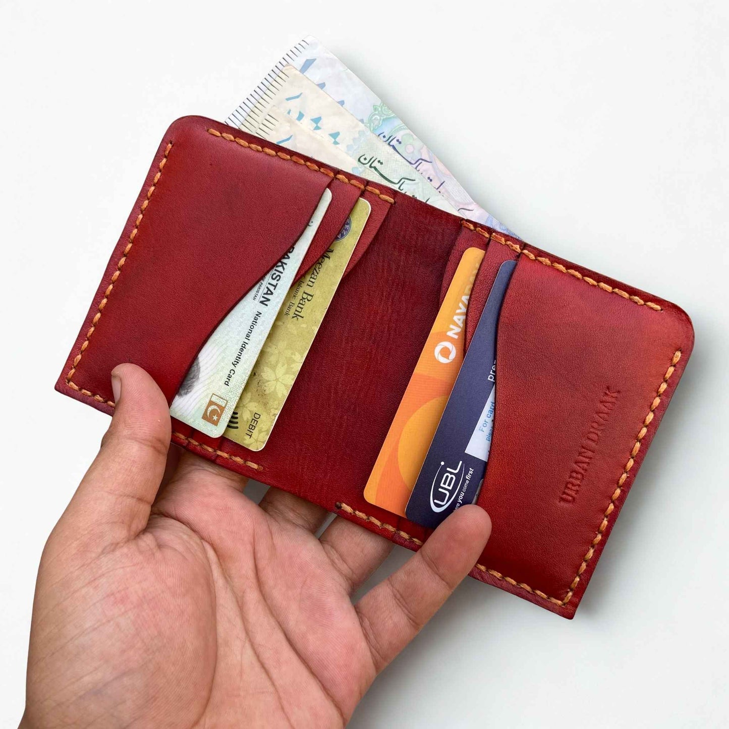 Urban Draak™ Signature Bifold Wallet – Handcrafted Red Leather Elegance