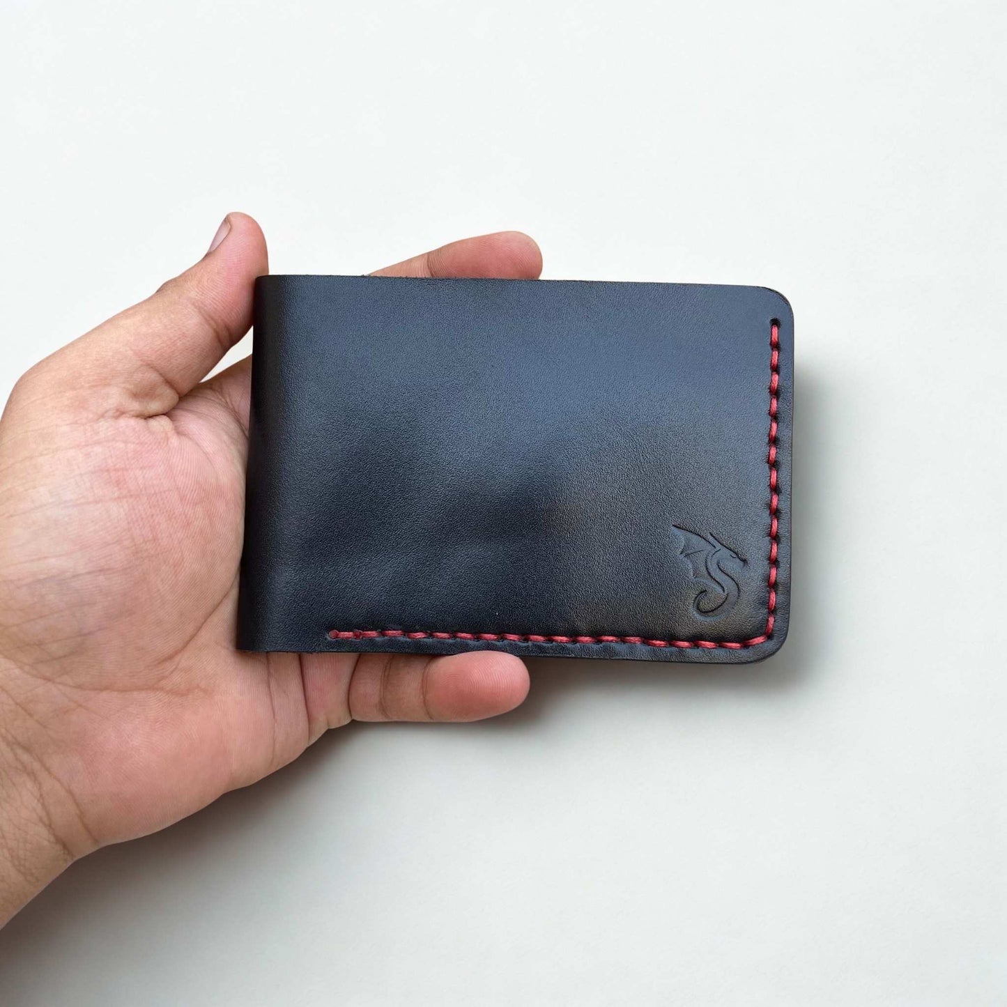Urban Draak™ Black Bifold Wallet – Slim Handmade Leather with Red Stitching