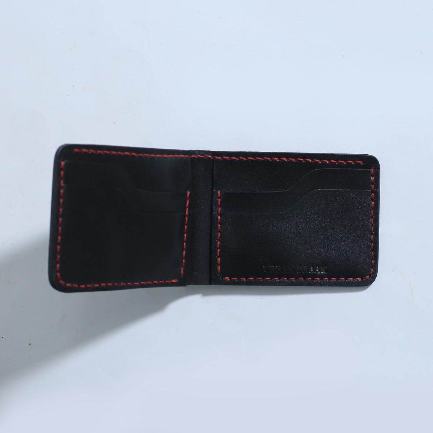 Urban Draak™ Black Bifold Wallet – Slim Handmade Leather with Red Stitching