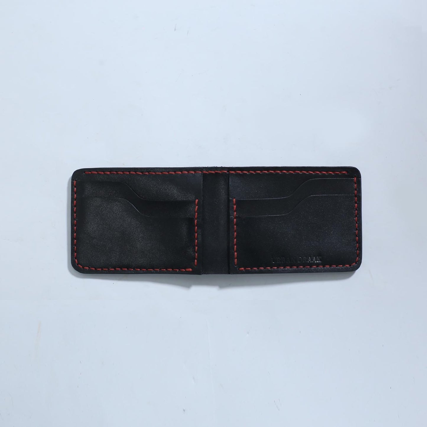 Urban Draak™ Black Bifold Wallet – Slim Handmade Leather with Red Stitching