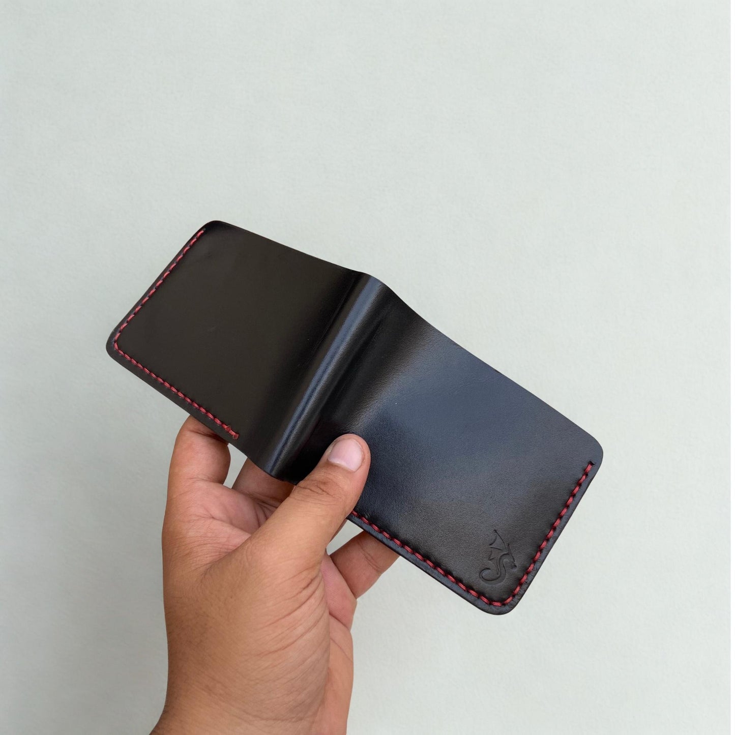 Urban Draak™ Black Bifold Wallet – Slim Handmade Leather with Red Stitching